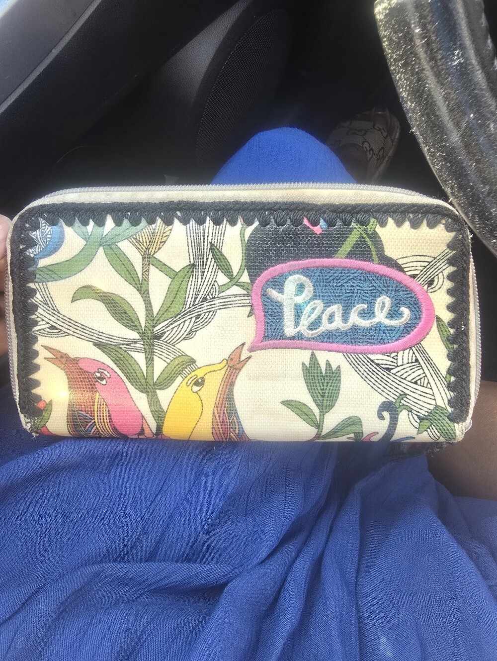 Peace Embroidered Floral & Bird Zip Wallet